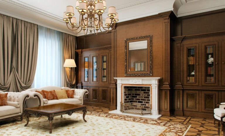 Встроенные книжные шкафы в интерьере классической гостиной