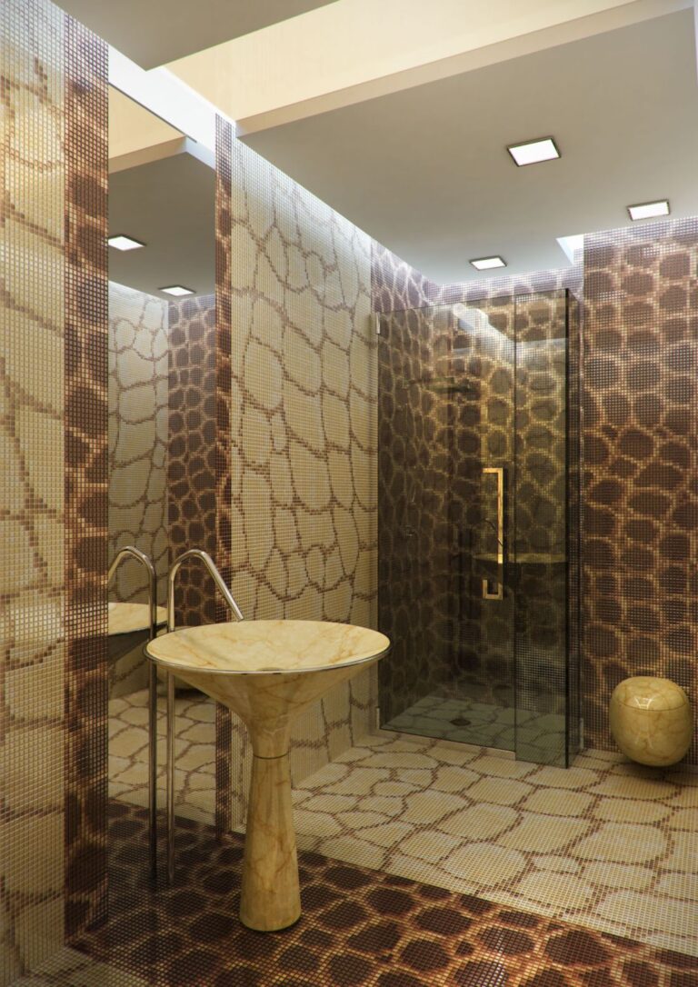 Экзотический мозаичный рисунок в виде кожи змеи в дизайне санузла