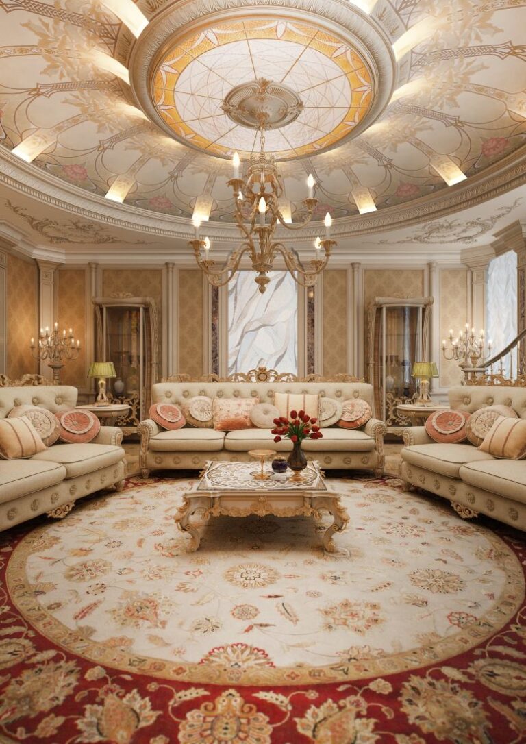 Дизайн классической гостиной с бежевой диванной группой