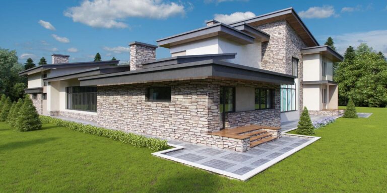 Натуральный камень серого оттенка в левой фасадной части