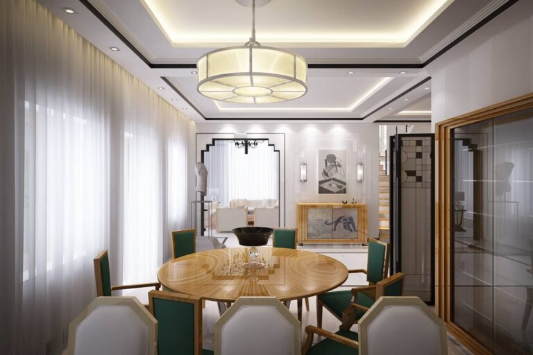 Лакированный круглый стол в дизайне уютной столовой