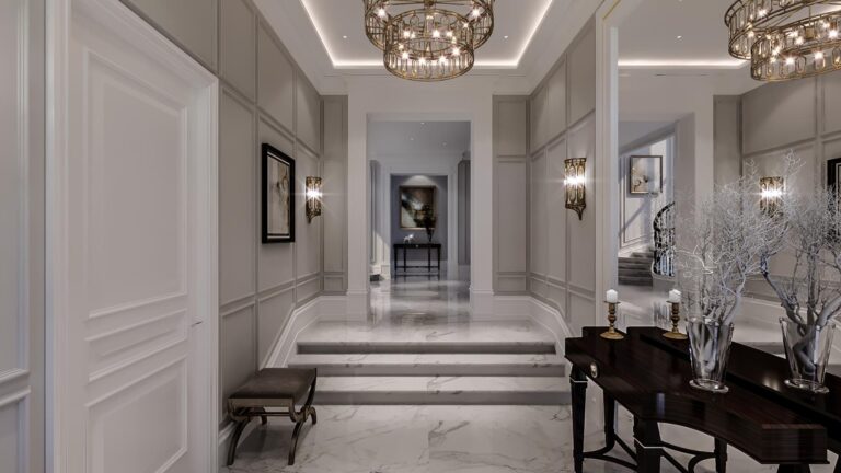 Пол из полированного белого мрамора в дизайне коридора